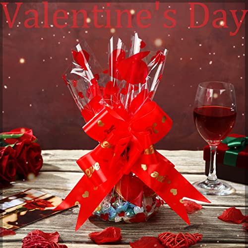 Valentine's Day Cellophane Wrap Set include 2 Pack 100 Ft Long x 16 In Wide Cellophane Wrap Roll with 40 Pull Bows, Heart Pattern Gift Baskets Arts Crafts Valentine's Day Party Supplies