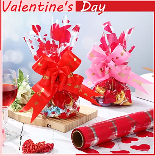 Valentine's Day Cellophane Wrap Set include 2 Pack 100 Ft Long x 16 In Wide Cellophane Wrap Roll with 40 Pull Bows, Heart Pattern Gift Baskets Arts Crafts Valentine's Day Party Supplies