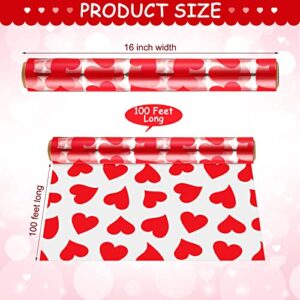 Valentine's Day Cellophane Wrap Set include 2 Pack 100 Ft Long x 16 In Wide Cellophane Wrap Roll with 40 Pull Bows, Heart Pattern Gift Baskets Arts Crafts Valentine's Day Party Supplies