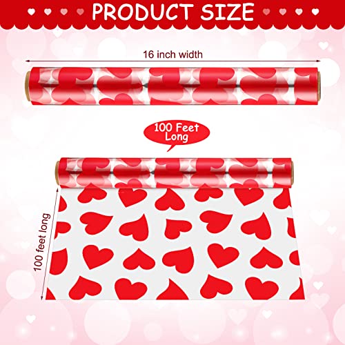 Valentine's Day Cellophane Wrap Set include 2 Pack 100 Ft Long x 16 In Wide Cellophane Wrap Roll with 40 Pull Bows, Heart Pattern Gift Baskets Arts Crafts Valentine's Day Party Supplies