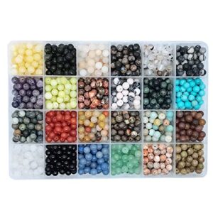 1200pcs 6mm natural round stone beads real gemstone beading loose gemstone hole size 1mm diy smooth beads for bracelet necklace earrings jewelry making,box packed(24 material -a,6mm)