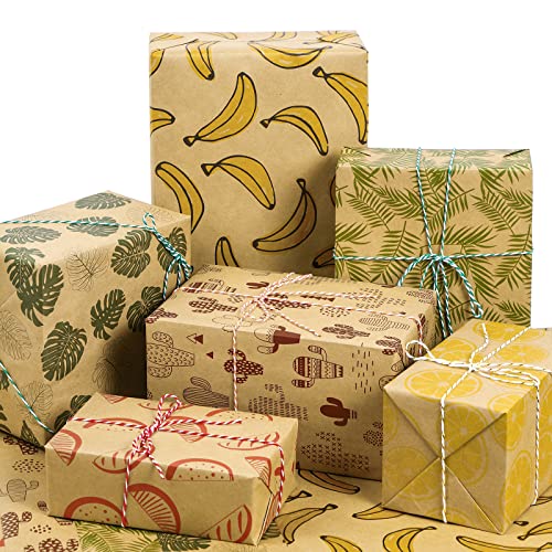 Packanewly Kraft Wrapping Paper Sheet - 6 Sheets Summer Design Reversible Gift Brown Wrap Paper - 17.5 x 30 inches per Sheet