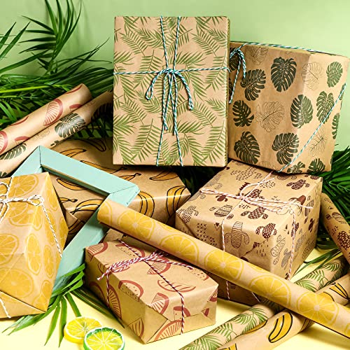 Packanewly Kraft Wrapping Paper Sheet - 6 Sheets Summer Design Reversible Gift Brown Wrap Paper - 17.5 x 30 inches per Sheet