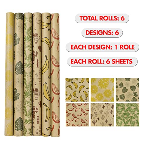 Packanewly Kraft Wrapping Paper Sheet - 6 Sheets Summer Design Reversible Gift Brown Wrap Paper - 17.5 x 30 inches per Sheet