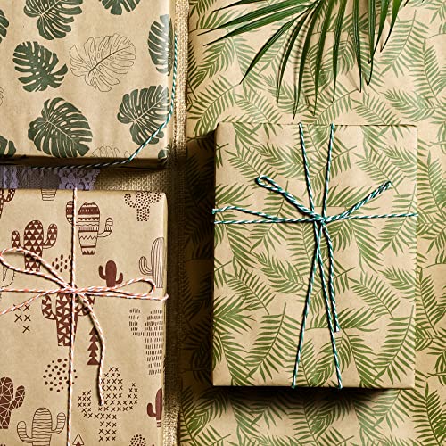 Packanewly Kraft Wrapping Paper Sheet - 6 Sheets Summer Design Reversible Gift Brown Wrap Paper - 17.5 x 30 inches per Sheet