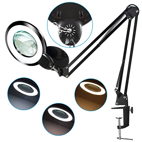 HITTI 10X Magnifying Glass with Light and Stand, 2200 Lumens Bright Touch LED Magnifying Desk Lamp, 3 Color Modes Stepless Dimming, Adjustable Swing Arm Lighted Magnifier for Close Work, Crafts-Black