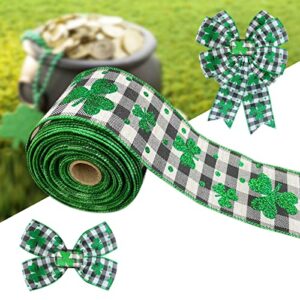 happy st. patrick’s day glitter lucky shamrock checkered plaid wired edge ribbon green clover fabric ribbon ornaments for st. patrick decorations gift wrapping party decorative 2.5″x10 yard