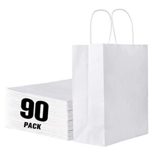 90 pack | paper gift bags with handles bulk, 8×4.5×10.8 inch large white kraft paper bags, paper shopping bags, christmas kraft gift bags, birthday gift bags for restaurant, takeout, business.