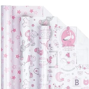 lezakaa baby shower wrapping paper – mini roll – bear toy/balloon, baby/star print in pink for baby girl – 17 x 120 inches – 3 rolls (42.5 sq.ft.ttl.)