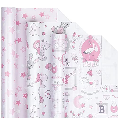 LeZakaa Baby Shower Wrapping Paper - Mini Roll - Bear Toy/Balloon, Baby/Star Print in Pink for Baby Girl - 17 x 120 inches - 3 Rolls (42.5 sq.ft.ttl.)