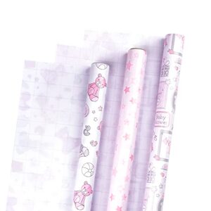 LeZakaa Baby Shower Wrapping Paper - Mini Roll - Bear Toy/Balloon, Baby/Star Print in Pink for Baby Girl - 17 x 120 inches - 3 Rolls (42.5 sq.ft.ttl.)