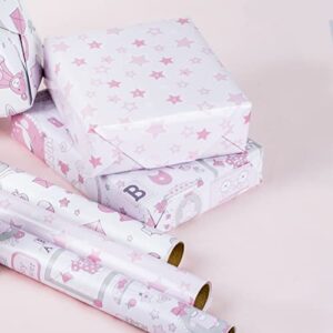 LeZakaa Baby Shower Wrapping Paper - Mini Roll - Bear Toy/Balloon, Baby/Star Print in Pink for Baby Girl - 17 x 120 inches - 3 Rolls (42.5 sq.ft.ttl.)