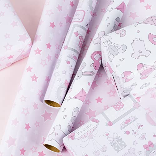 LeZakaa Baby Shower Wrapping Paper - Mini Roll - Bear Toy/Balloon, Baby/Star Print in Pink for Baby Girl - 17 x 120 inches - 3 Rolls (42.5 sq.ft.ttl.)