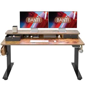 banti electric standing desk with double drawers, 60×24 inches adjustable height stand up desk, sit stand home office desk with storage shelf, rustic brown top/black frame (b-sde-60rc-dd)