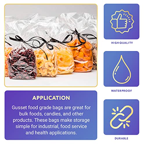 APQ Gusseted Plastic Bags 6" x 3" x 15", Pack of 100 Plastic Clear Gift Bags for Favors, Cookies, Candies, 2 Mil Thick Clear Poly Gusseted Bags with Open Top, Water-Resistant Clear Plastic Treat Bags