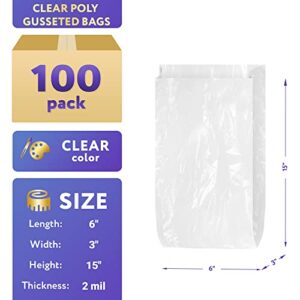 APQ Gusseted Plastic Bags 6" x 3" x 15", Pack of 100 Plastic Clear Gift Bags for Favors, Cookies, Candies, 2 Mil Thick Clear Poly Gusseted Bags with Open Top, Water-Resistant Clear Plastic Treat Bags