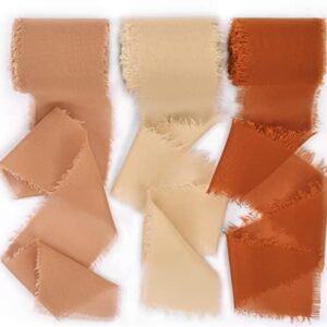 Socomi Handmade Fringe Chiffon Silk Ribbon 1-3/4" x 7Yd 3 Rolls Frayed Ribbon Set for Wedding Invitations Bridal Bouquets Terracotta