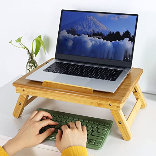 WKWKER Bamboo Laptop Desk with Folding Legs Tilting Surface Workstation Table Adjustable Laptop Stand Bed Tray for tv Sofa Study Computer Ipad Book (Natural)