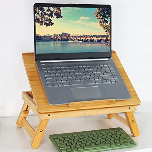 WKWKER Bamboo Laptop Desk with Folding Legs Tilting Surface Workstation Table Adjustable Laptop Stand Bed Tray for tv Sofa Study Computer Ipad Book (Natural)