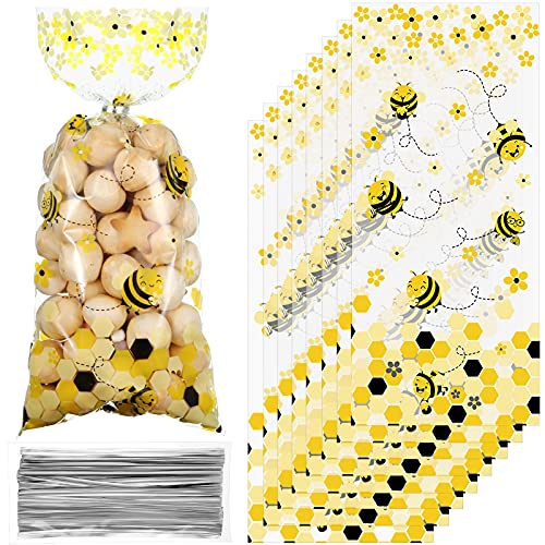 Outus 100 Pieces Bee Party Bags Treat Bags Yellow Honey Bee Cellophane Plastic Candy Bags Goodie Bags Bee Party Favor Bags with 100 Silver Twist Ties for Kid Bee Birthday Party Baby Shower Party Supplies