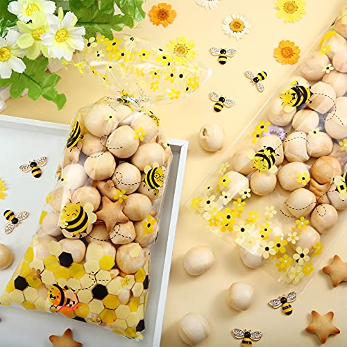 Outus 100 Pieces Bee Party Bags Treat Bags Yellow Honey Bee Cellophane Plastic Candy Bags Goodie Bags Bee Party Favor Bags with 100 Silver Twist Ties for Kid Bee Birthday Party Baby Shower Party Supplies