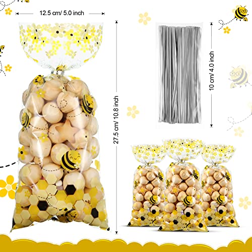 Outus 100 Pieces Bee Party Bags Treat Bags Yellow Honey Bee Cellophane Plastic Candy Bags Goodie Bags Bee Party Favor Bags with 100 Silver Twist Ties for Kid Bee Birthday Party Baby Shower Party Supplies