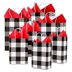 whaline 24 pack christmas buffalo plaid bags with 24 sheets 20 x 20 red tissue paper, white and black kraft paper bags gift wrapping set for holiday party, wedding and gift giving