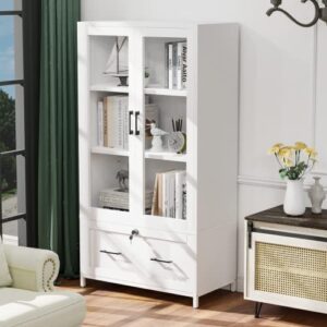 vingli wood lateral file cabinet with bookshelf with glass doors and adjustable shelves for home office, white filing cabinet with lock for hanging letter/a4/legal size labeled folders,30w x 16d x 55h
