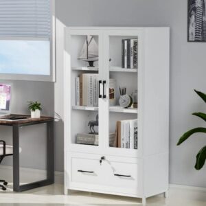 VINGLI Wood Lateral File Cabinet With Bookshelf With Glass Doors And Adjustable Shelves for Home Office, White Filing Cabinet With Lock for Hanging Letter/A4/Legal Size Labeled Folders,30W x 16D x 55H