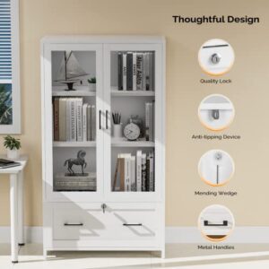 VINGLI Wood Lateral File Cabinet With Bookshelf With Glass Doors And Adjustable Shelves for Home Office, White Filing Cabinet With Lock for Hanging Letter/A4/Legal Size Labeled Folders,30W x 16D x 55H
