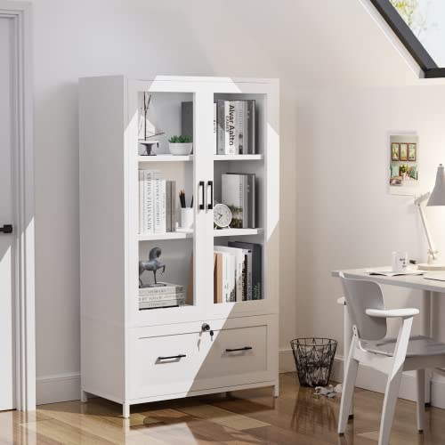 VINGLI Wood Lateral File Cabinet With Bookshelf With Glass Doors And Adjustable Shelves for Home Office, White Filing Cabinet With Lock for Hanging Letter/A4/Legal Size Labeled Folders,30W x 16D x 55H