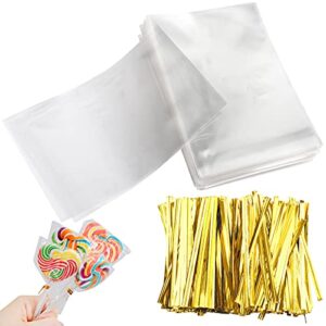 augshy cake pop bags, 300 pcs 4×6 treat cello bags for lollipop with 300 twist ties, 1.4 mils thickness opp plastic bags for lollipop candy chocolate cookie wrapping