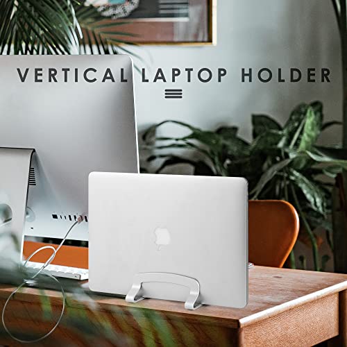 LOTEYIKE Aluminum Vertical Laptop Stand, MacBook Pro Laptop Vertical Stand Dock Holder with Adjustable Slot Fits All Laptops Notebook Tablets MacBook Air- Save Space & Improve Airflow, Silver