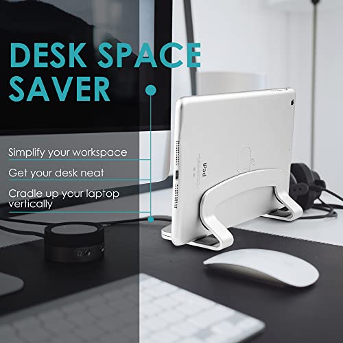 LOTEYIKE Aluminum Vertical Laptop Stand, MacBook Pro Laptop Vertical Stand Dock Holder with Adjustable Slot Fits All Laptops Notebook Tablets MacBook Air- Save Space & Improve Airflow, Silver