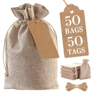 50 burlap bags with drawstring 6.6×9 inch with 50 tags and 50 strings. burlap bag for holiday gift. burlap sack for groceries and food. burlap sacks for planting plants. burlapbag for mugs, ect.