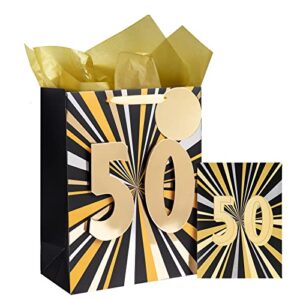 maypluss 13″ large gift bag with greeting card and tissue paper for 50 years birthday party – black gold foil design