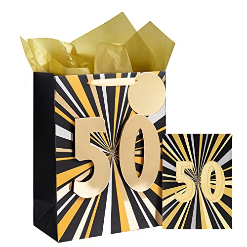 MAYPLUSS 13" Large Gift Bag with Greeting Card and Tissue Paper for 50 Years Birthday Party - Black Gold Foil Design