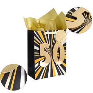 MAYPLUSS 13" Large Gift Bag with Greeting Card and Tissue Paper for 50 Years Birthday Party - Black Gold Foil Design