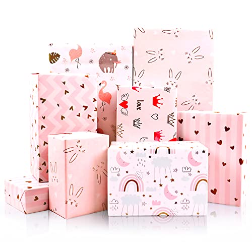 MAMUNU 6 Sheets Gift Wrapping Paper, Pink and Gold Folded Wrapping Paper with Heart, Bunny, Rainbow, Flamingo and Crown Designs for Women Girls Kids Birthday, Valentine's Day, Wedding, Baby Shower 50x70CM