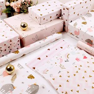 MAMUNU 6 Sheets Gift Wrapping Paper, Pink and Gold Folded Wrapping Paper with Heart, Bunny, Rainbow, Flamingo and Crown Designs for Women Girls Kids Birthday, Valentine's Day, Wedding, Baby Shower 50x70CM