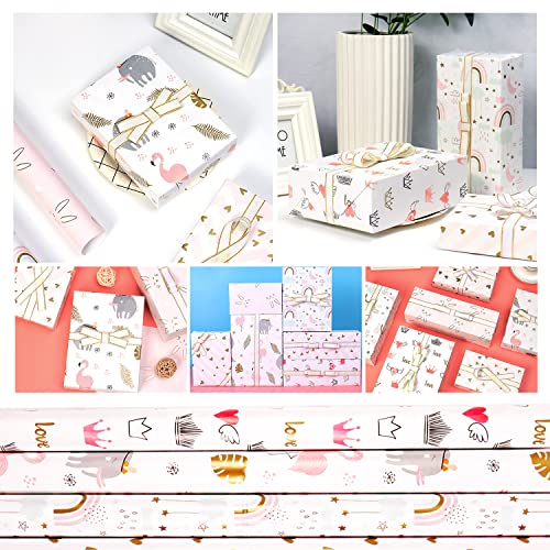 MAMUNU 6 Sheets Gift Wrapping Paper, Pink and Gold Folded Wrapping Paper with Heart, Bunny, Rainbow, Flamingo and Crown Designs for Women Girls Kids Birthday, Valentine's Day, Wedding, Baby Shower 50x70CM