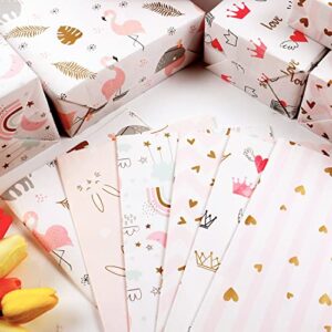 MAMUNU 6 Sheets Gift Wrapping Paper, Pink and Gold Folded Wrapping Paper with Heart, Bunny, Rainbow, Flamingo and Crown Designs for Women Girls Kids Birthday, Valentine's Day, Wedding, Baby Shower 50x70CM