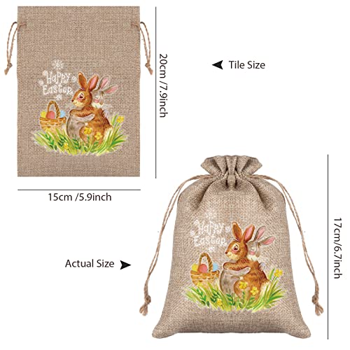 Whaline 24Pcs Easter Burlap Gift Bag Linen Jute Drawstring Bag 5.9 x 7.9 Inch Easter Bunny Rabbit Gift Pouch Bag Rustic Hunt Bag for Party Favor DIY Craft