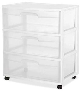 sterilite wide 3 drawer rolling storage cart container with casters for bedroom, dorm. and kitchen, clear drawers and white frame, (2 pack)