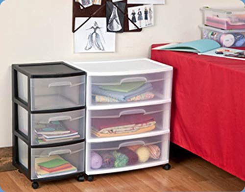 Sterilite Wide 3 Drawer Rolling Storage Cart Container with Casters For Bedroom, Dorm. and Kitchen, Clear Drawers and White Frame, (2 Pack)