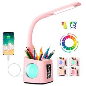 wanjiaone led desk lamp with clock,color changing nightlight,study lamp with pen holder,desk light with usb charger,table light for home,office,gift for kids,students,women,3 brightness levels,pink