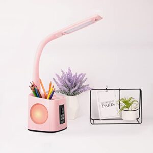 wanjiaone LED Desk Lamp with Clock,Color Changing Nightlight,Study Lamp with Pen Holder,Desk Light with USB Charger,Table Light for Home,Office,Gift for Kids,Students,Women,3 Brightness Levels,Pink