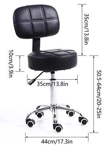 KKTONER Round Rolling Stool with Back PU Leather Height Adjustable Swivel Drafting Work SPA Salon Stools Chair with Wheels (Black)