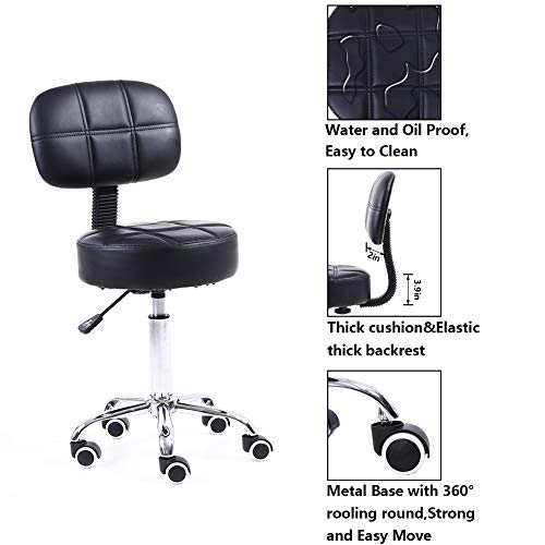 KKTONER Round Rolling Stool with Back PU Leather Height Adjustable Swivel Drafting Work SPA Salon Stools Chair with Wheels (Black)