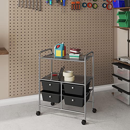 Yaheetech Rolling Storage Cart with 4 Drawers 2 Shelves Plastic Trolley on Wheels for Home Office School Beauty Salon, Black